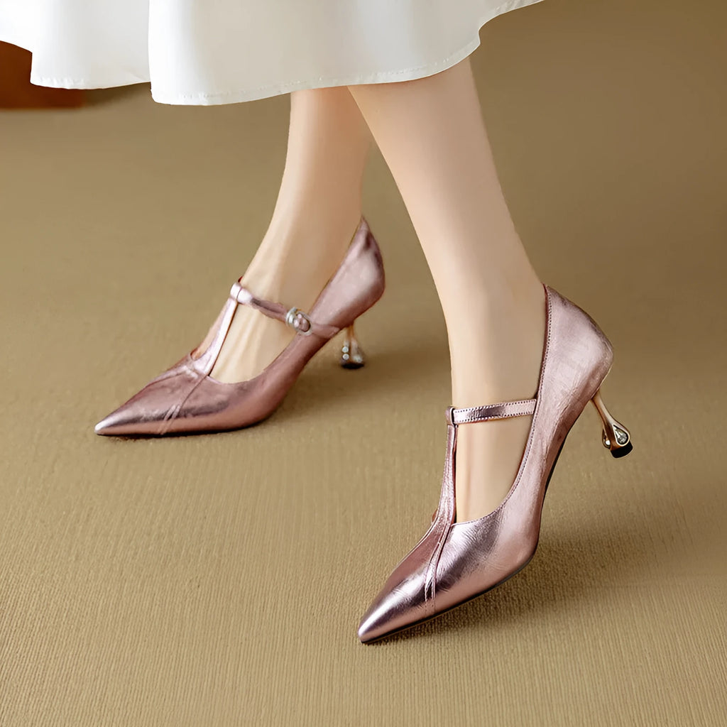 Genuine leather chunky heel Mary Jane pumps in gun colour, showing pointed toe and low-cut design.