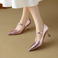 Genuine leather chunky heel Mary Jane pumps in gun colour, showing pointed toe and low-cut design.