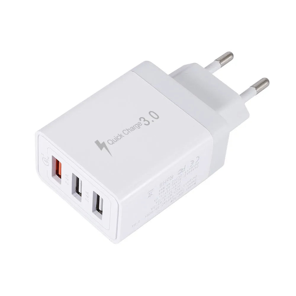 White 3 USB port mobile phone charger with EU, UK, and US plug options, 2400mA charging current