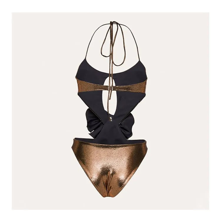 Gold handmade flower halter hollow out one-piece swimsuit for swimming and wading sports