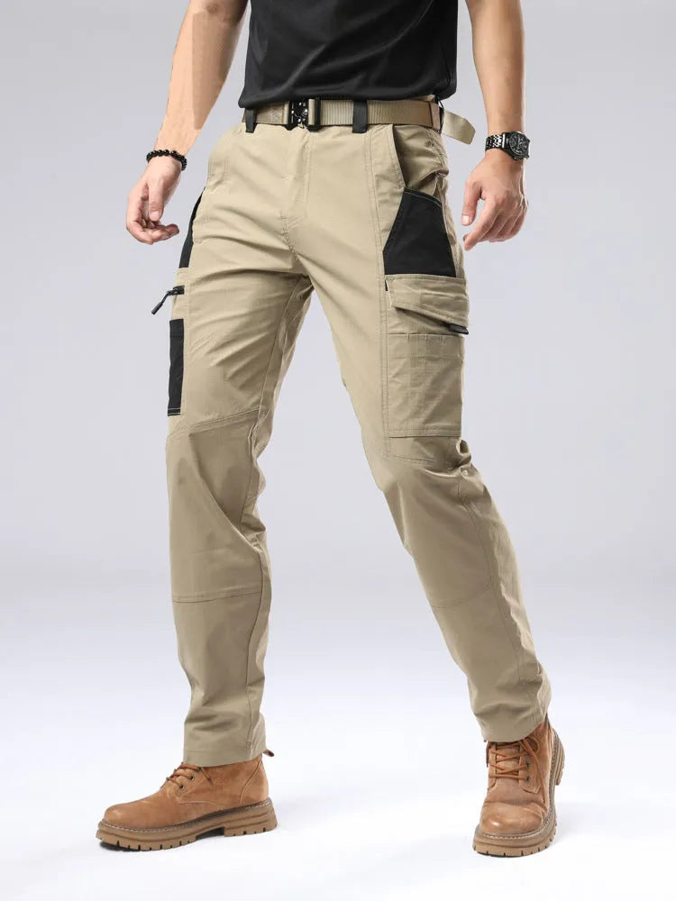 Men's outdoor cotton overalls in khaki with drawstring waist and loose fit, windproof and waterproof