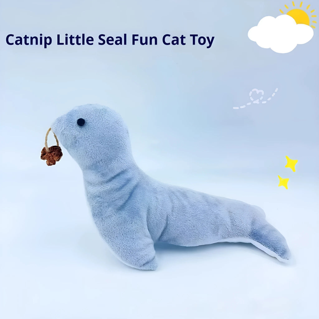 Blue sea lion plush cat toy with bell and catnip insert