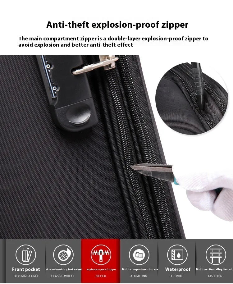 Black 18-inch carry-on cabin suitcase with retractable handle, four wheels, and combination lock on anti-theft zips.