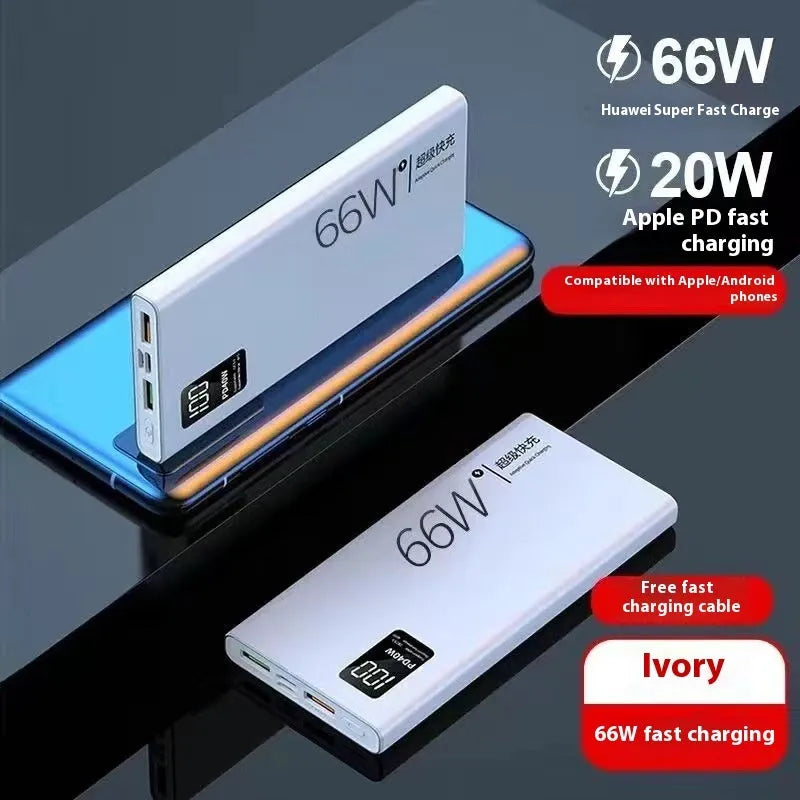 Black 50000 mAh 66W super fast charge power bank with plastic shell and USB Type-C cable on white background