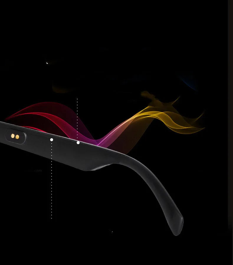 Smart sunglasses with black frame, polarised lenses, and built-in Bluetooth speakers in the temples.