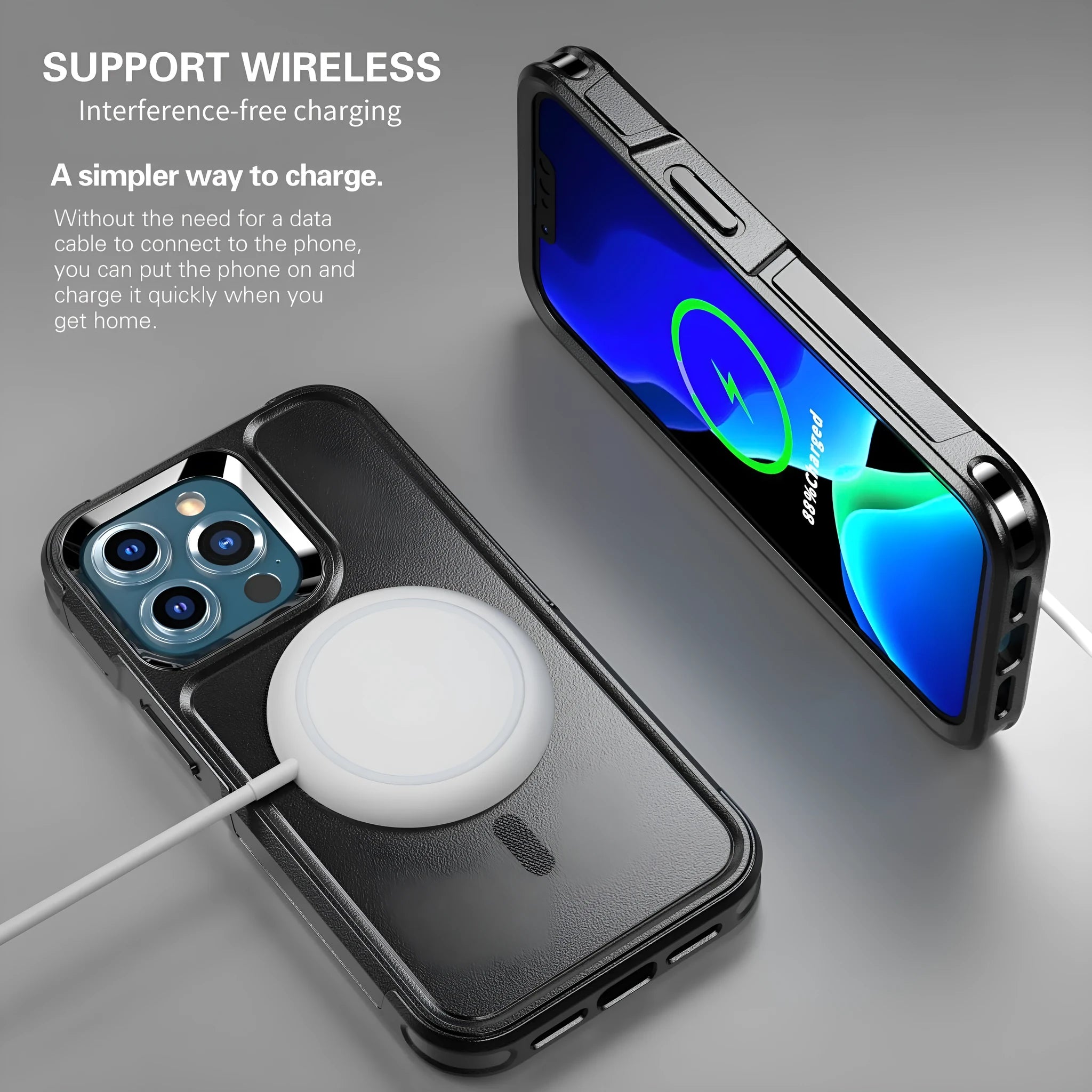 Black shatterproof magnetic phone case for iPhone 12 and 13 series with PC+TPU construction