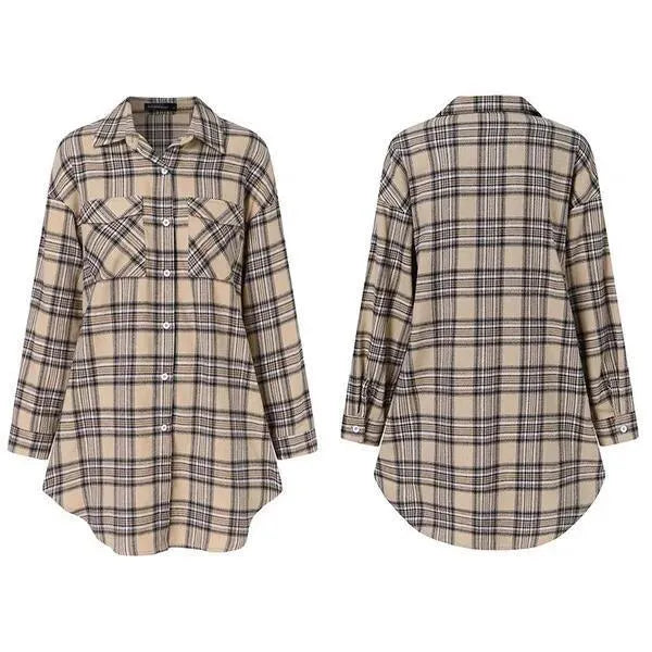 Women's printed plaid plus size shirt dress in green, cotton fabric, button front, pocket detail, British style