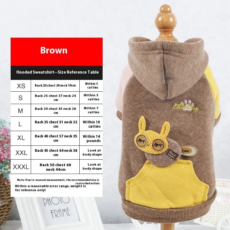 Brown cotton dog hoodie sweatshirt on a mannequin, showing hooded design.