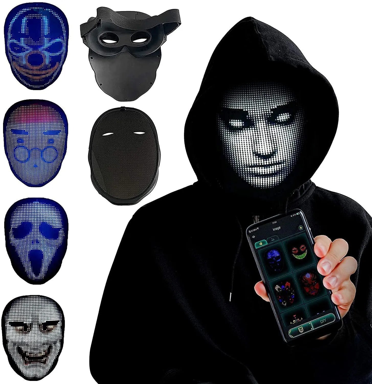 LED luminous face mask with changing displays for Halloween and party events