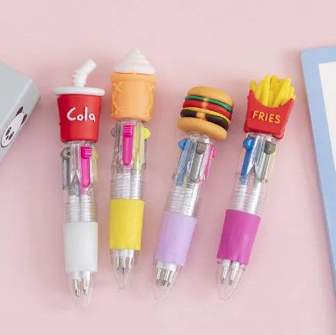 Cartoon-themed four-colour press ballpoint pen with silicone grip and 0.7mm bullet tip in random design