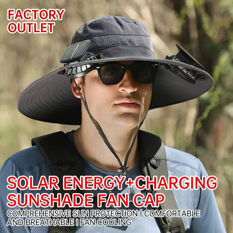 Solar-powered fan hat with integrated cooling fan and solar panel on brim
