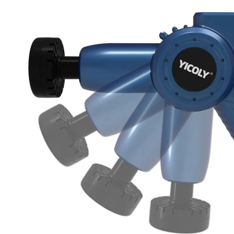 Black adjustable angle muscle massage gun with hot cold compress functions and five massage heads