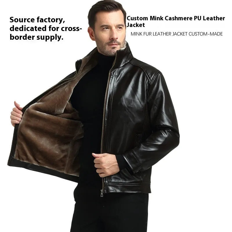 Men's fur one-piece artificial leather coat with velvet finish, black colour, straight hem design