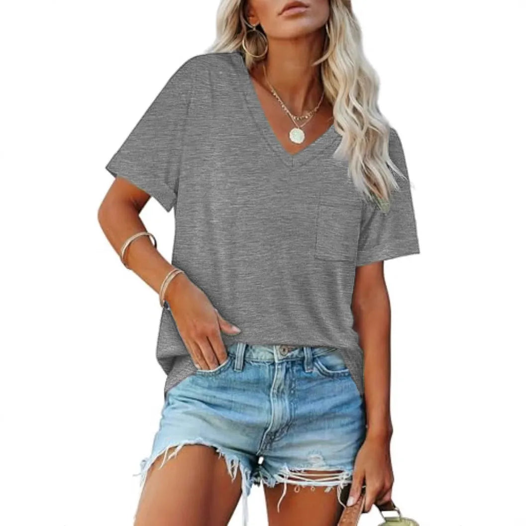 Grey men's loose fit V-neck t-shirt with a chest pocket on a solid background