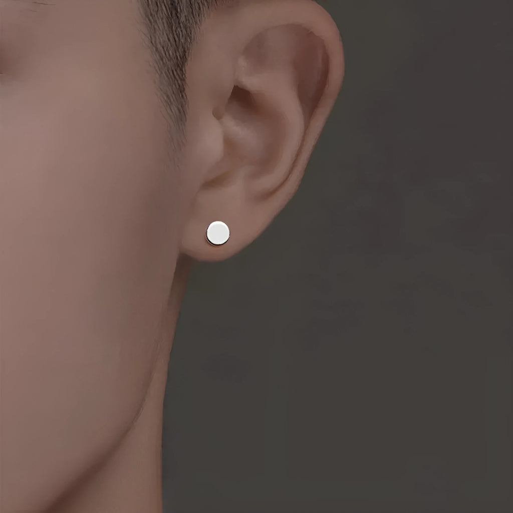 S999 Sterling Silver geometric round stud earrings in black and silver colours, showing size range from 3mm to 8mm.