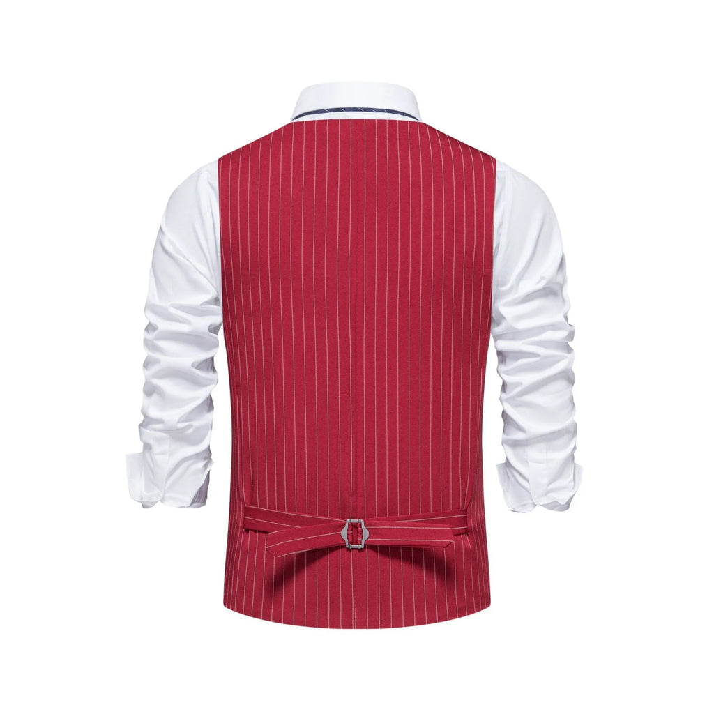 Men's striped suit vest in a choice of colours, showing miter hem and chest pocket detail.
