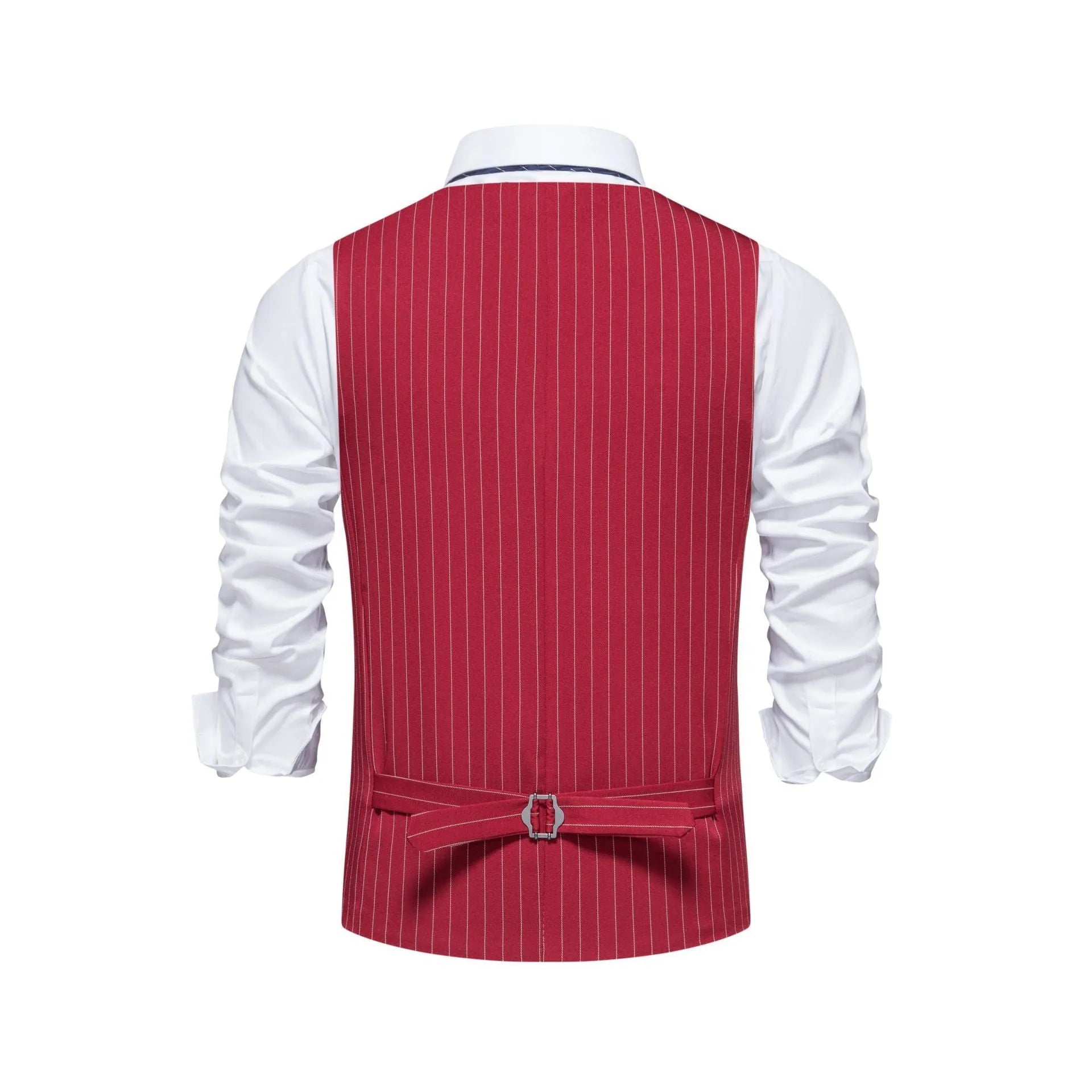 Men's striped suit vest in a choice of colours, showing miter hem and chest pocket detail.