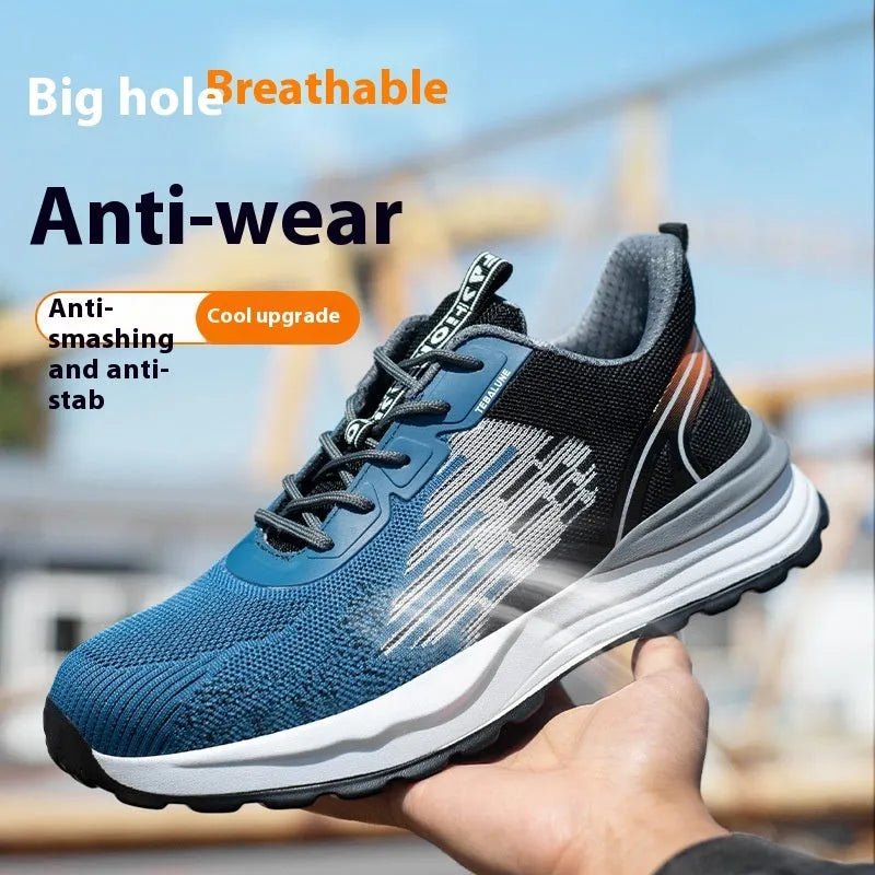 Blue men's safety work shoes with plastic toe cap and Flyknit mesh upper