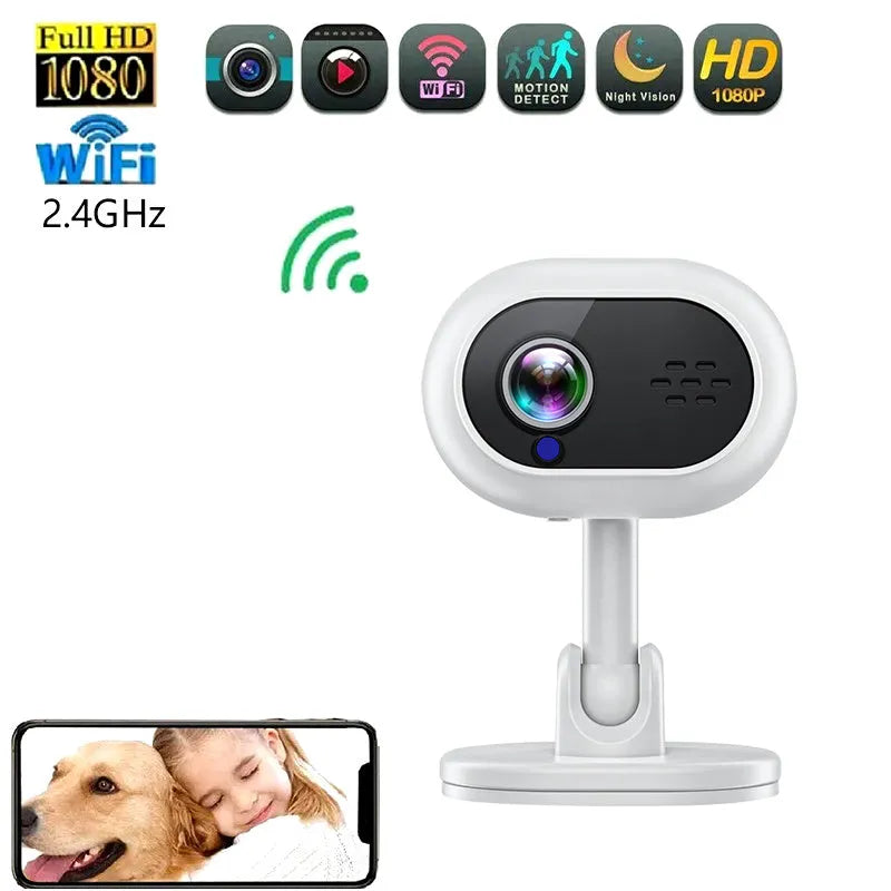 White 1080P HD mini WiFi camera with night vision, compact design for indoor monitoring.