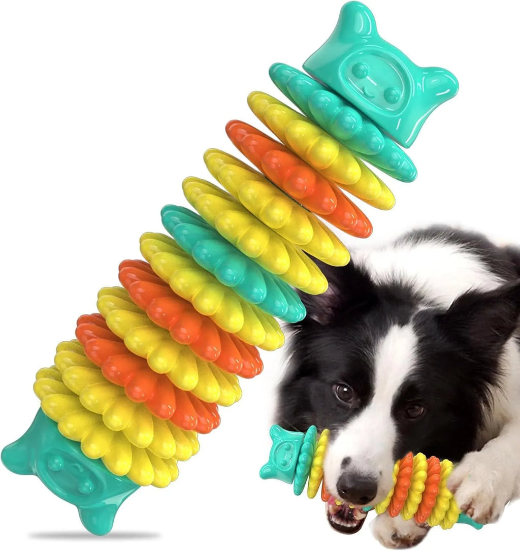 Blue natural rubber caterpillar-shaped dog chew toy for aggressive chewers on a white background.