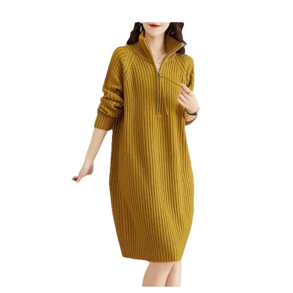 Beige woolen straight dress skirt with half zipper and stand collar, Japanese Korean casual style