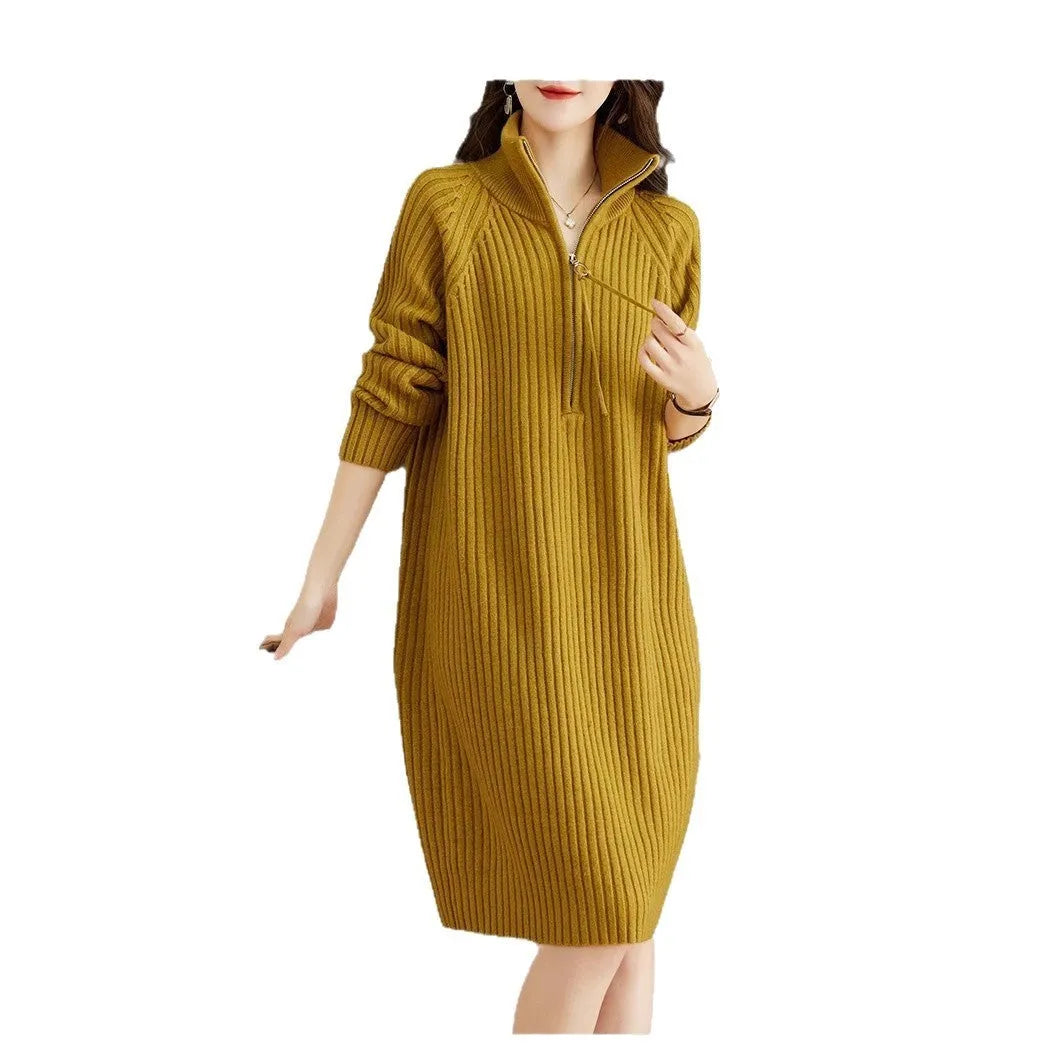 Beige woolen straight dress skirt with half zipper and stand collar, Japanese Korean casual style