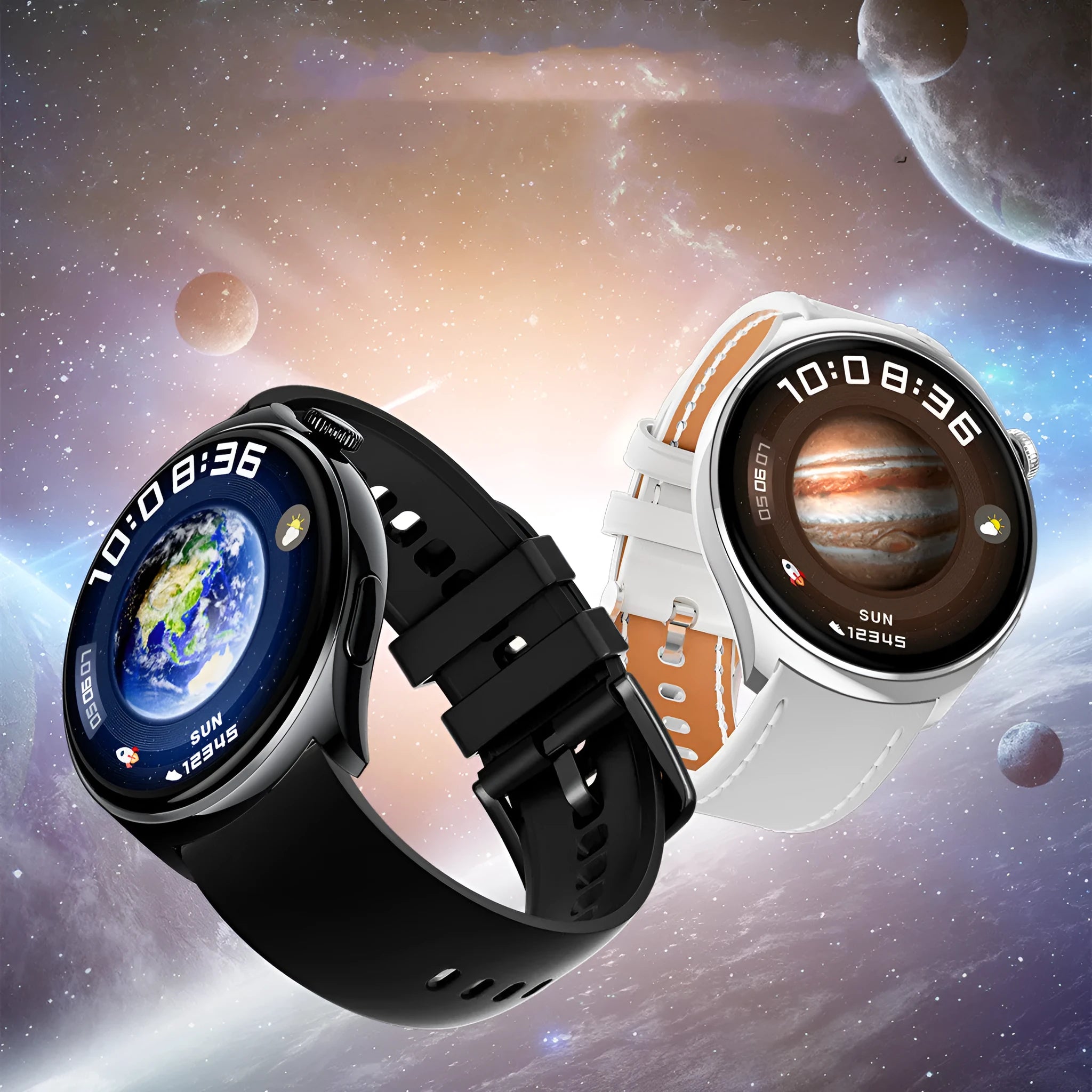 Smart watch with AMOLED screen, heart rate sensor, black silicone band, and wireless charging base