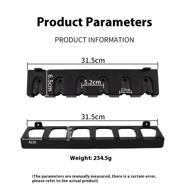 ABS plastic wall mounted fishing rod holder in black with self-tapping screws for upright or horizontal rod storage