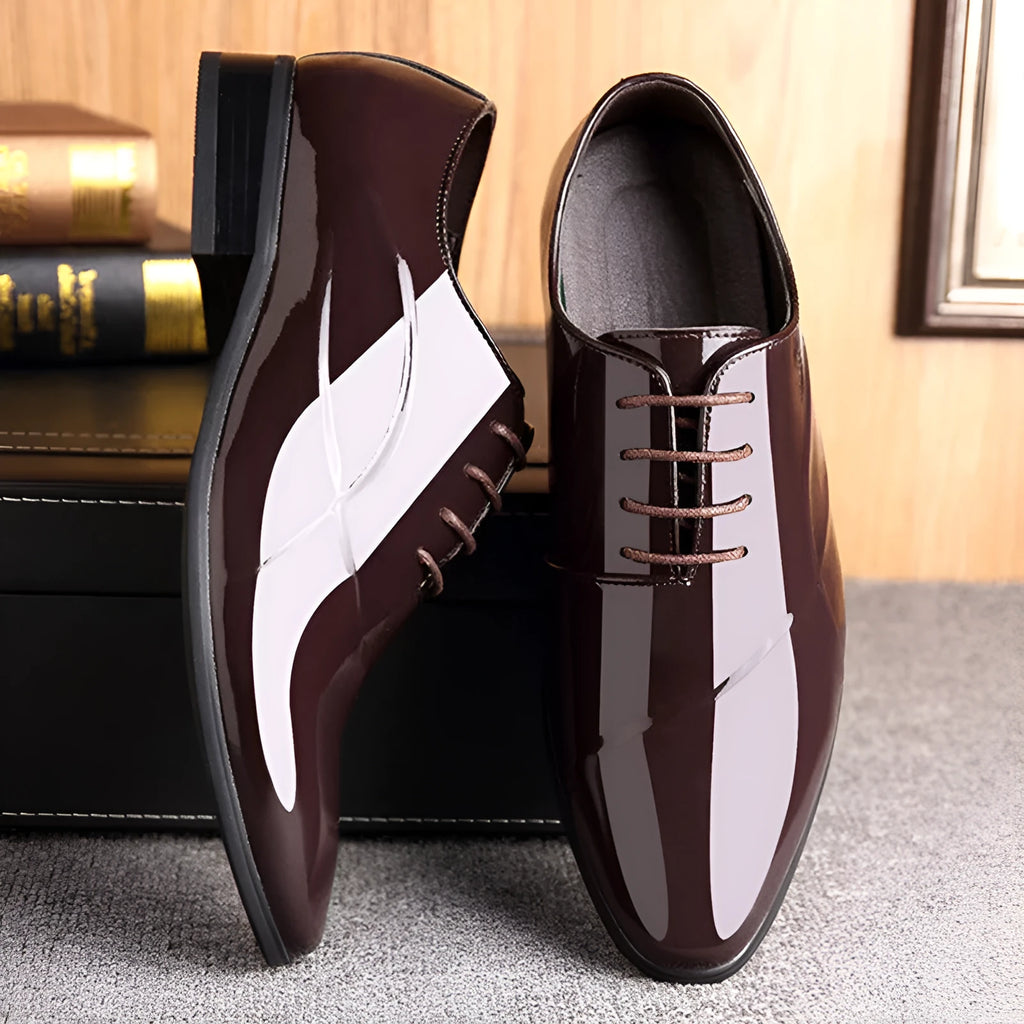 Men's black and brown pointed toe formal business shoes made from artificial PU leather.