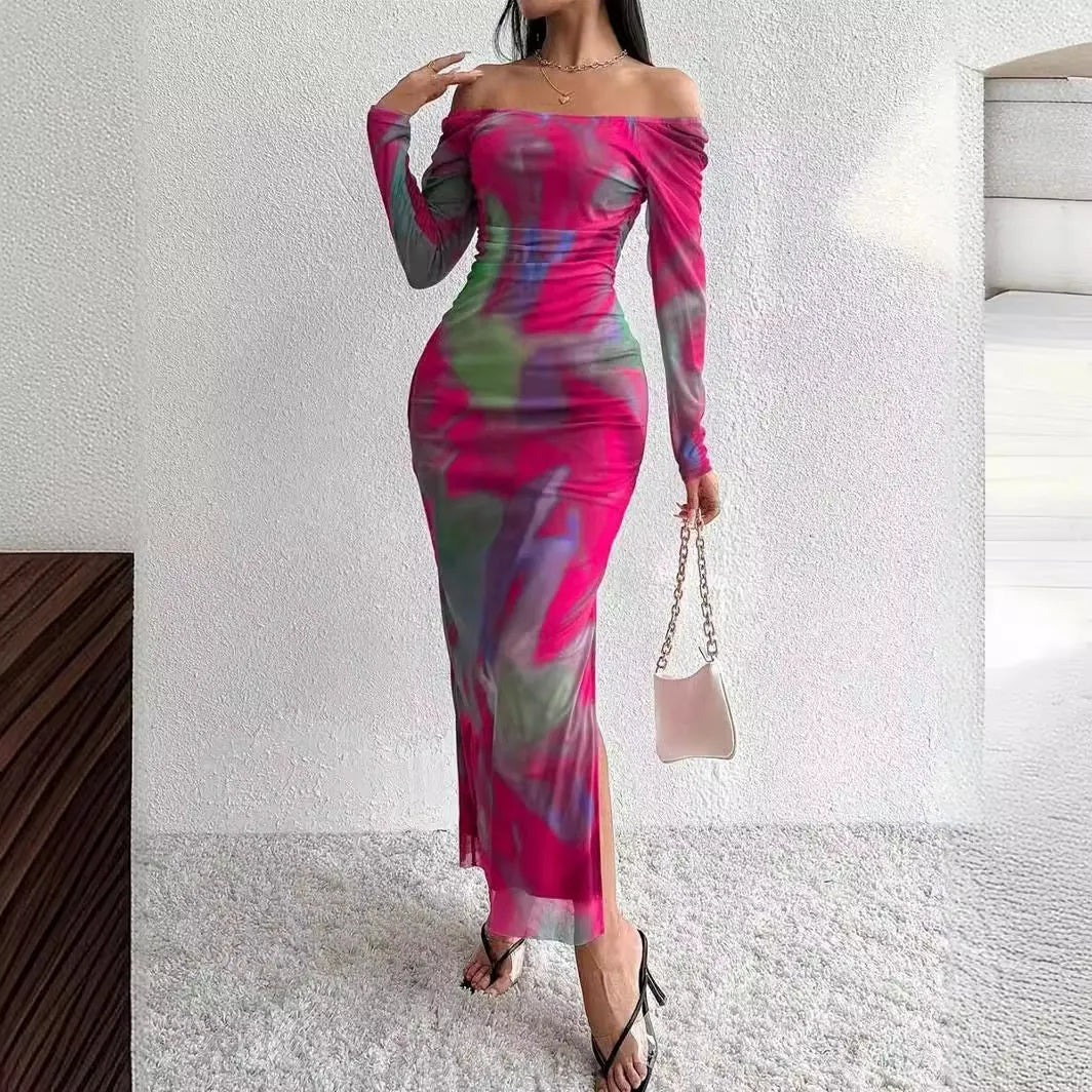 Women's mesh fishtail dress with square collar and gradient colour pleated design