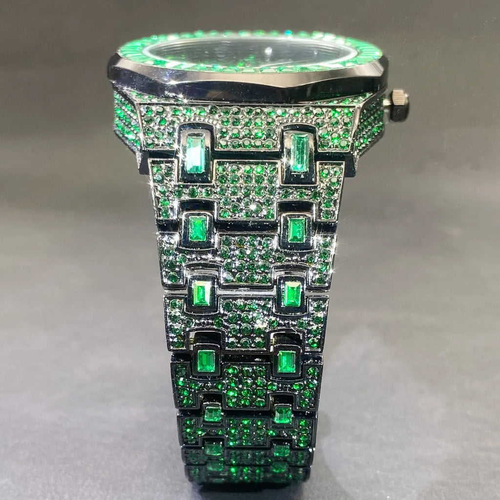 Men's green full rhinestone quartz watch with alloy case, 13mm thickness, hip hop fashion style
