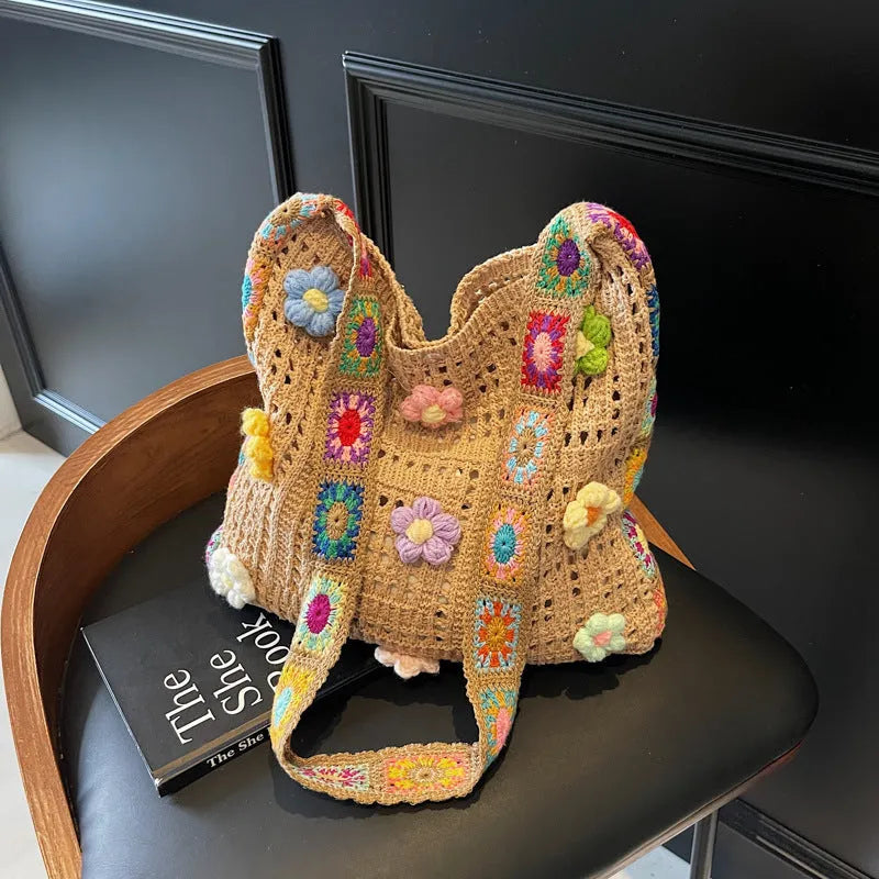 Woven polyester beach bag with hollow design and single shoulder strap showing 30x28cm dimensions