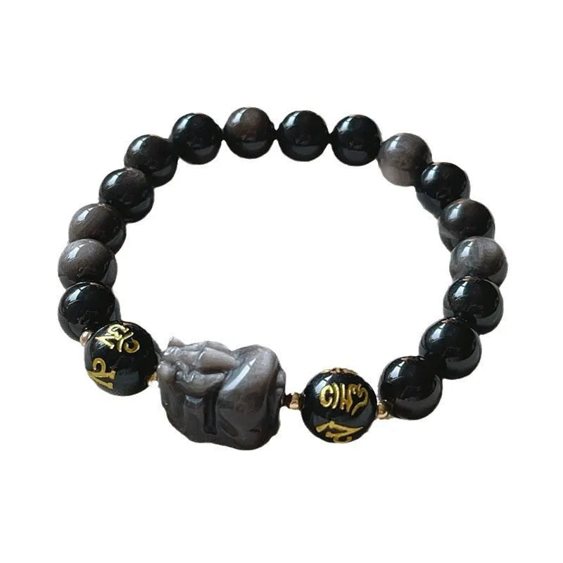 Men's silver stone bracelet with zodiac design and proverb beads in Chinese style