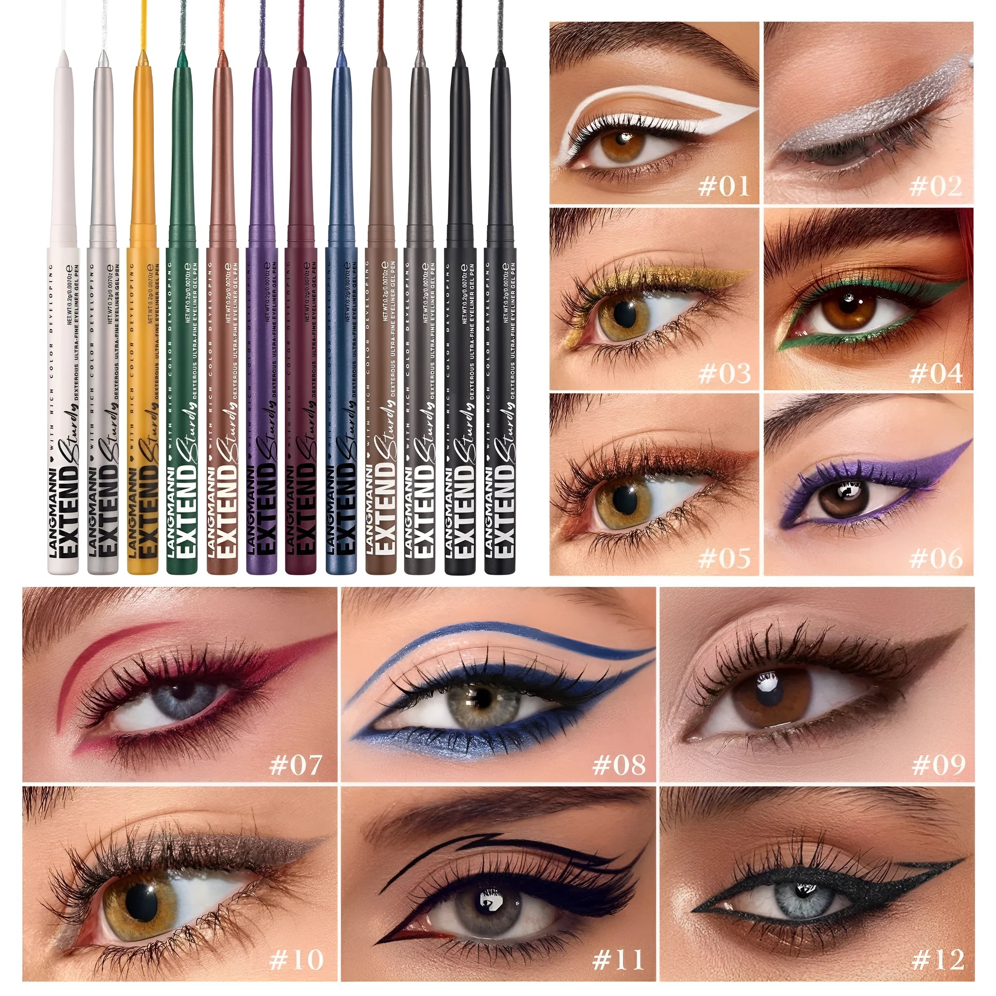 Set of 12 colourful gel glitter eyeliner pencils with various finishes including matte and glitter effects