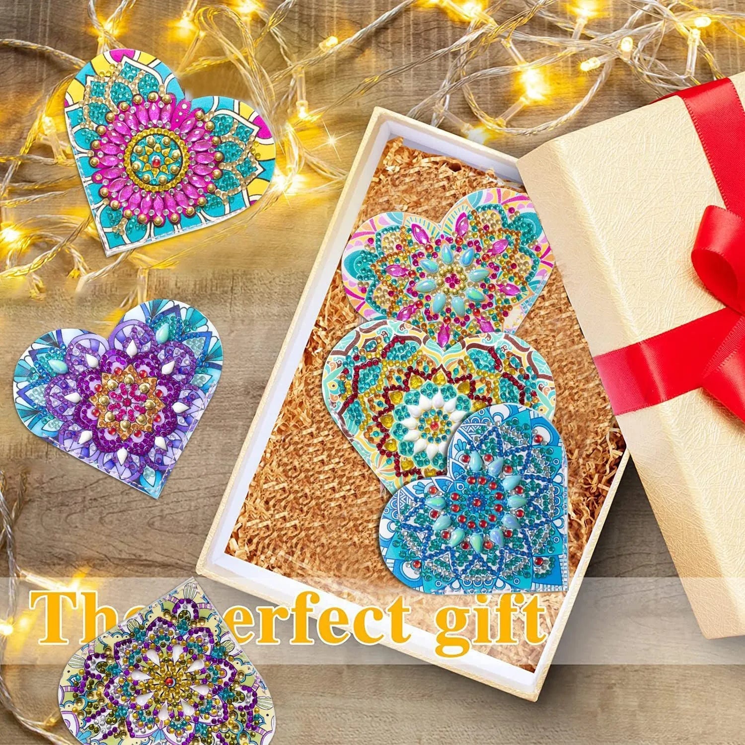 Set of six handmade leather bookmarks with crystal flower designs.