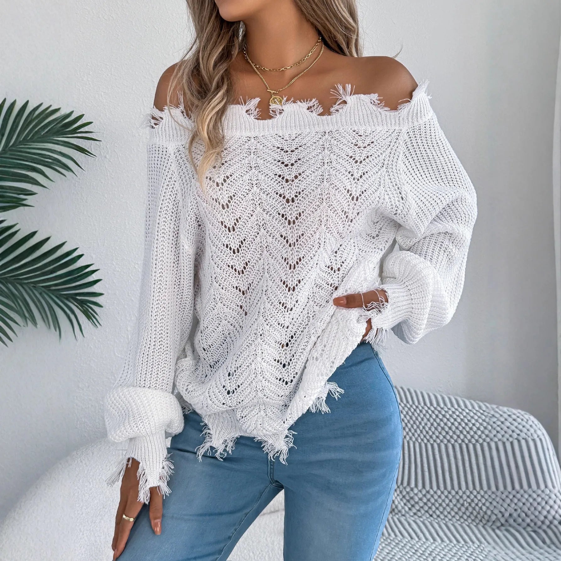 Hollow-out off-shoulder pullover sweater in artificial wool fabric, shown in black colour