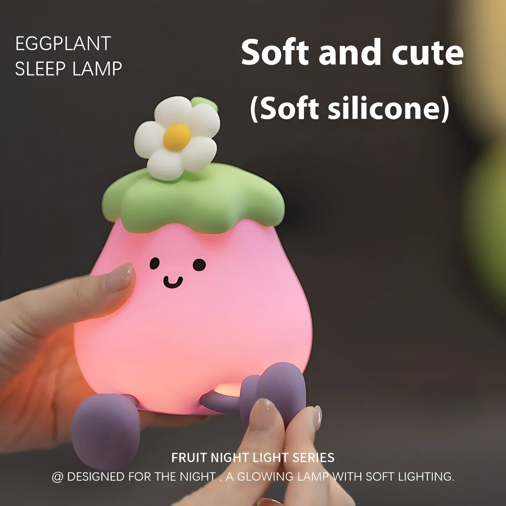 Cartoon eggplant and broccoli character night lamps with soft yellow ambience lighting