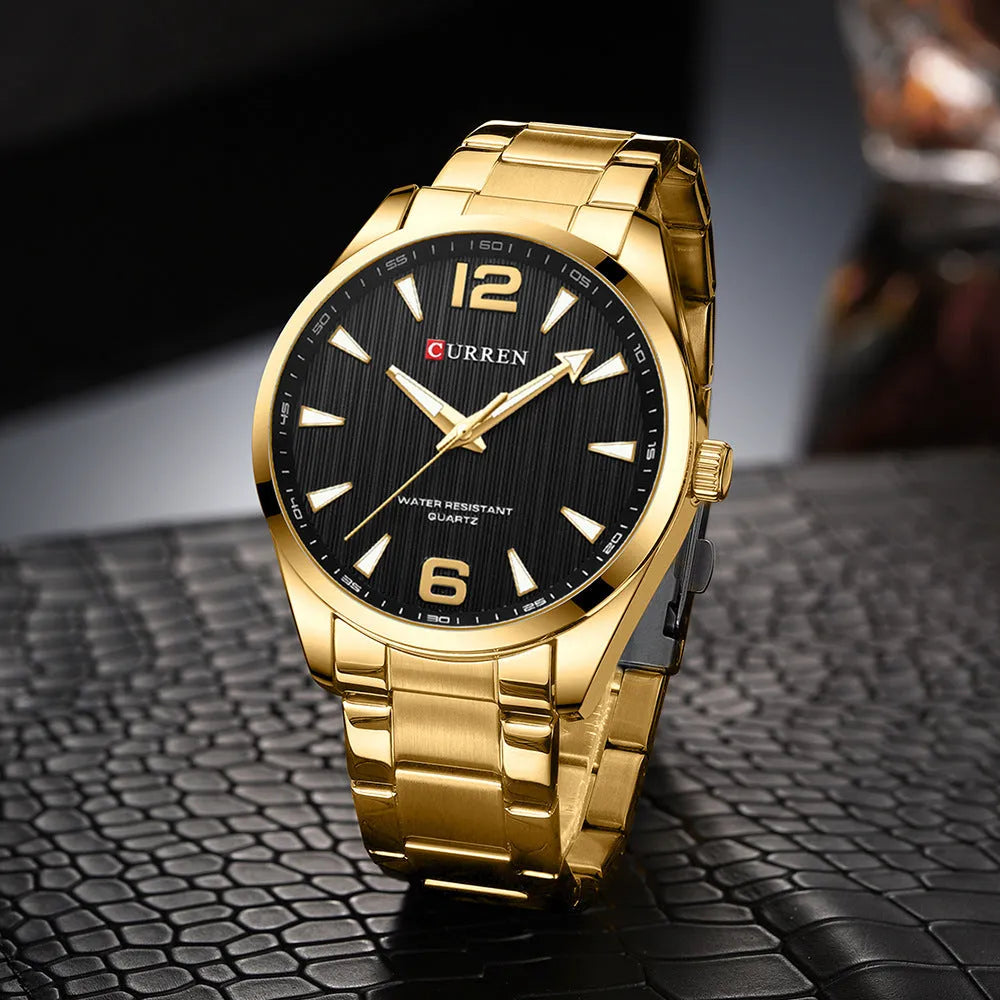 Men's business quartz watch with stainless steel strap, black shell blue colour, 11mm alloy case on display