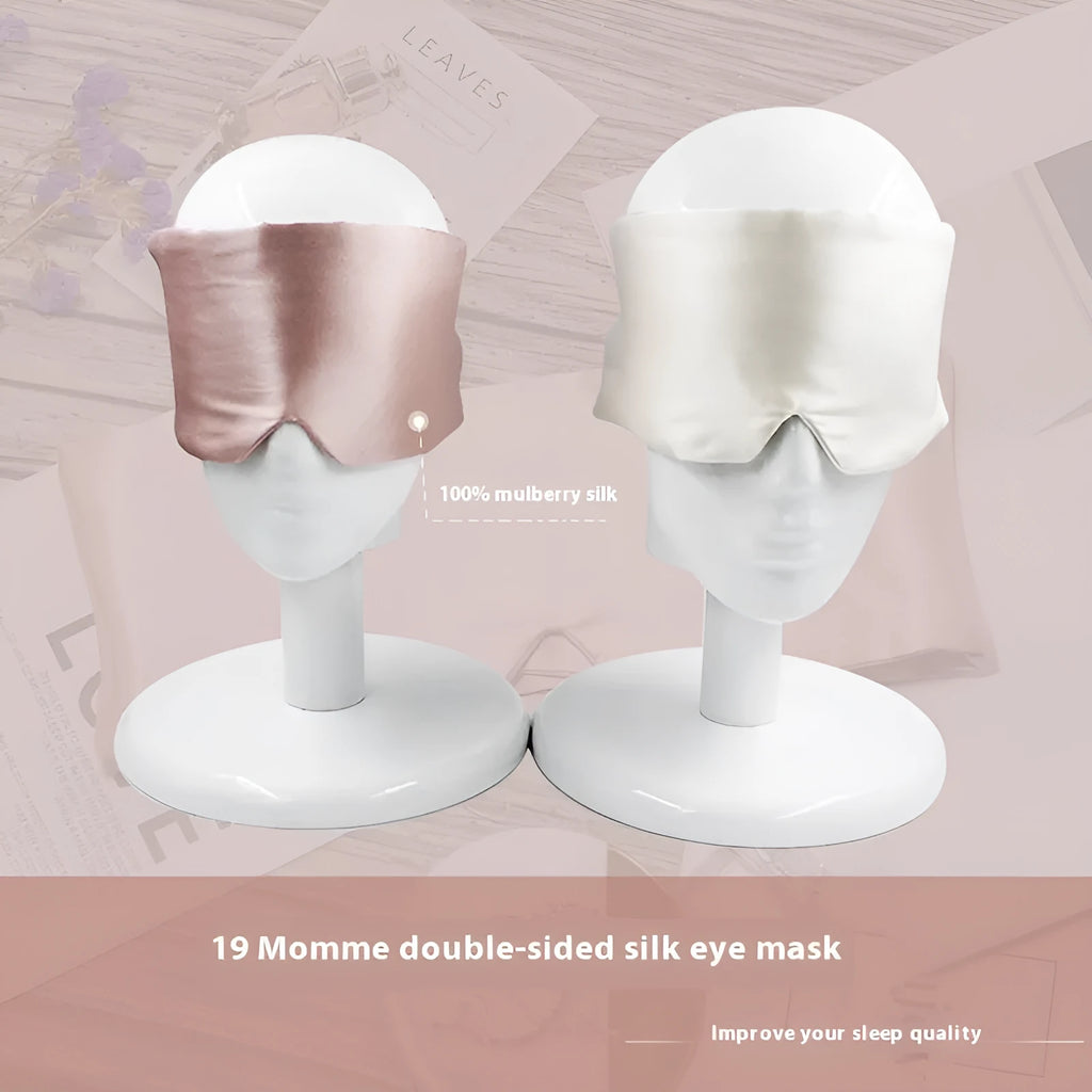 Mulberry silk sleep eye mask shown in various colours including black, champagne gold, and navy blue