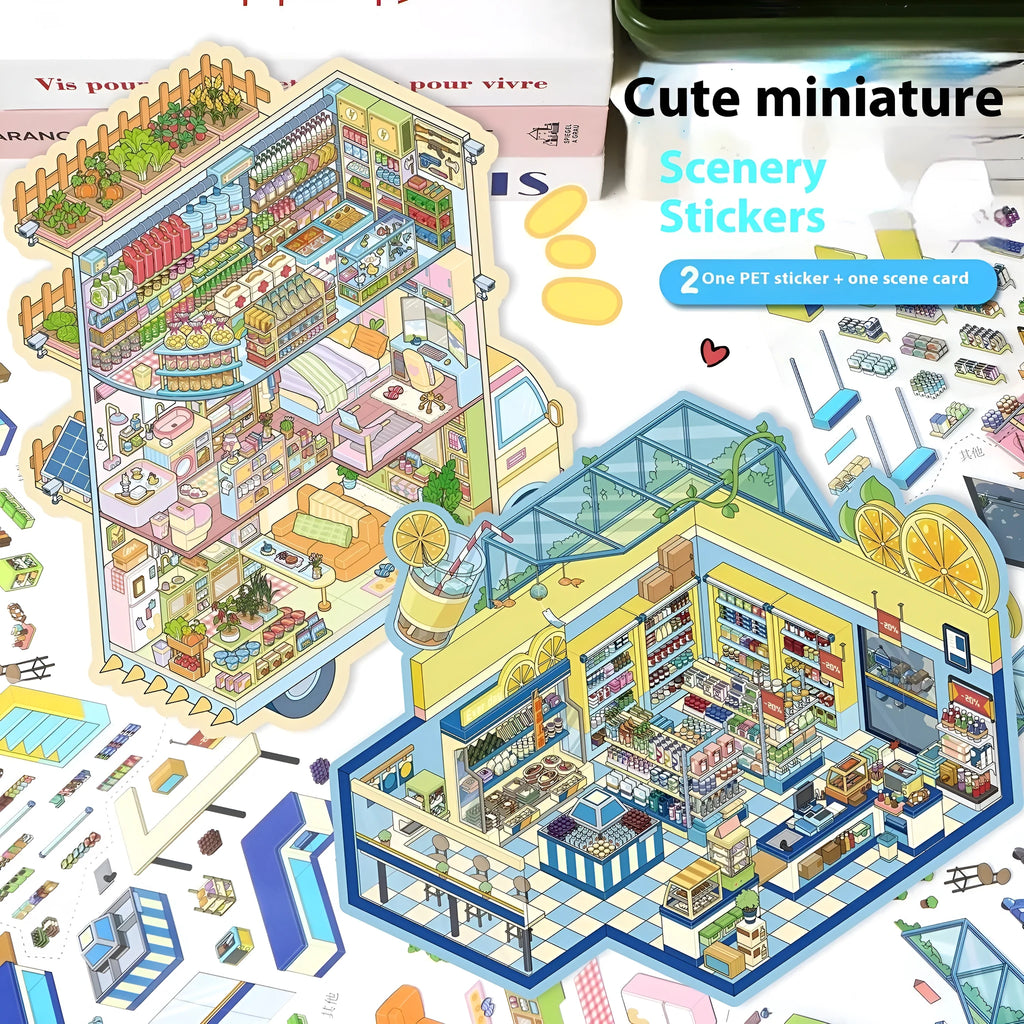 3D miniature landscape PET stickers with scene card and effect card in cartoon style