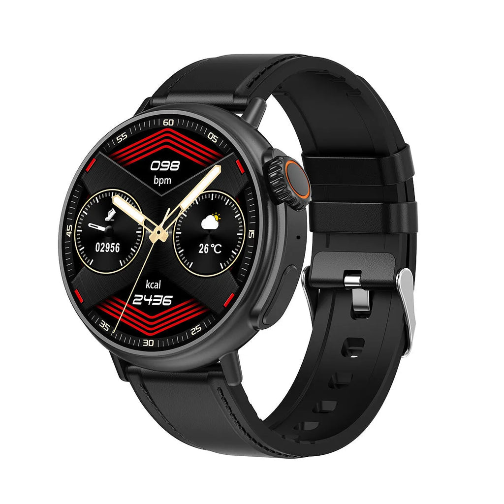 Black smart watch with round dial, 1.6-inch AMOLED screen, and silicone strap on wrist