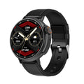 Black smart watch with round dial, 1.6-inch AMOLED screen, and silicone strap on wrist