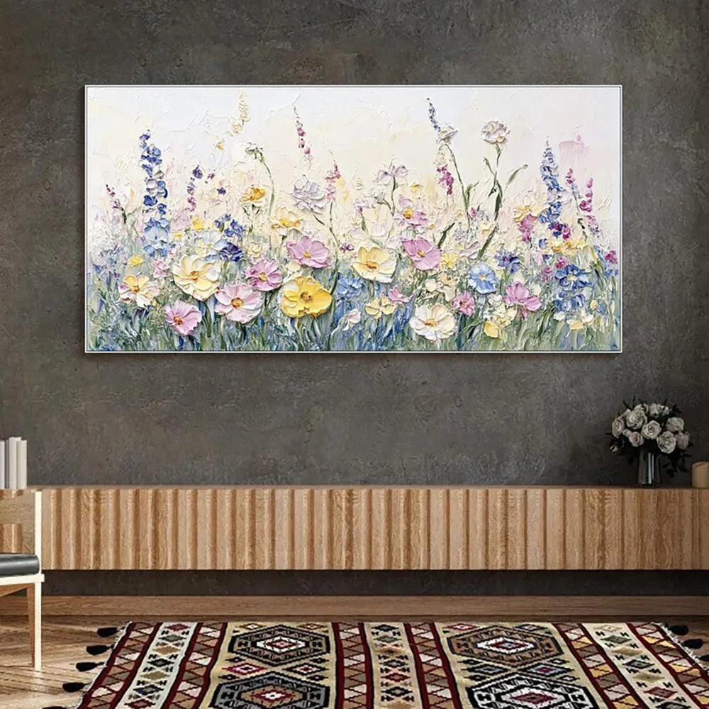 Handmade oil painting canvas with 3D palette knife flowers, rolled frameless unstretched wall art for home decor