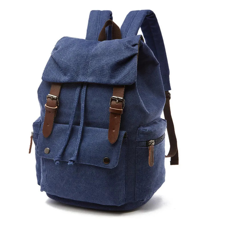 Canvas travel backpack in solid colour with sewing line details, capacity below 20L