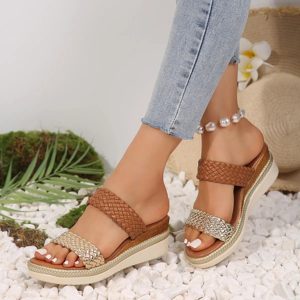Women's plus size wedge sandals in gold metallic PU leather with rubber wedge soles