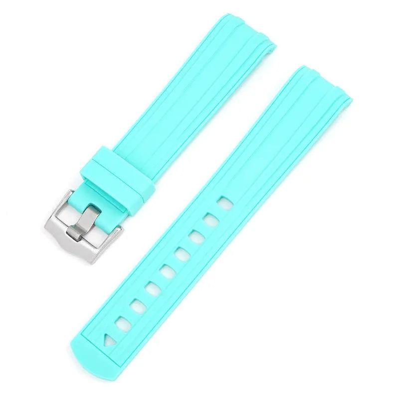 Apple Watch strap with silver buckle in 12 colour options including army green, sapphire blue, and dark red.