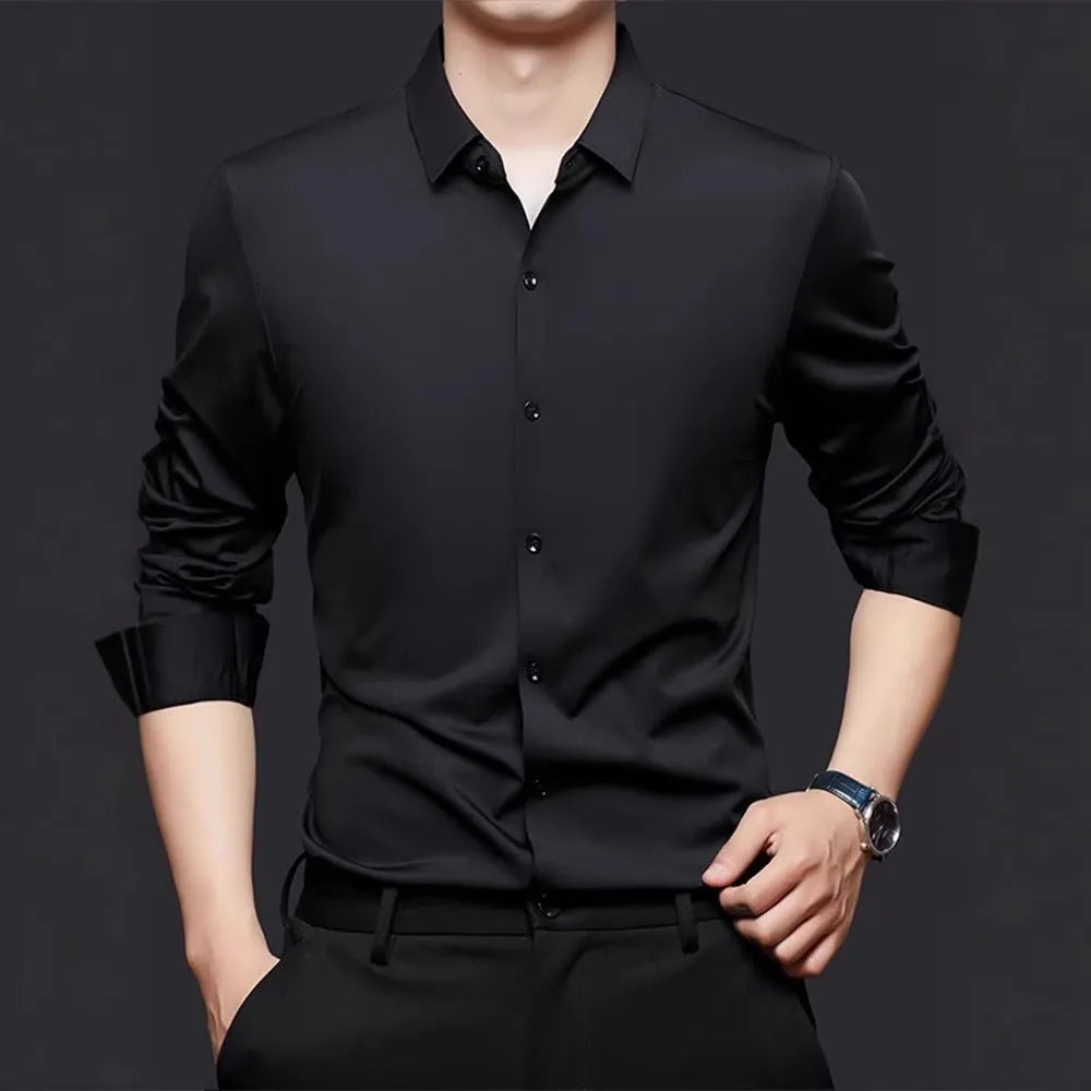 Seamless high elastic long sleeve anti-wrinkle shirt in white with spandex stretch fabric cardigan style