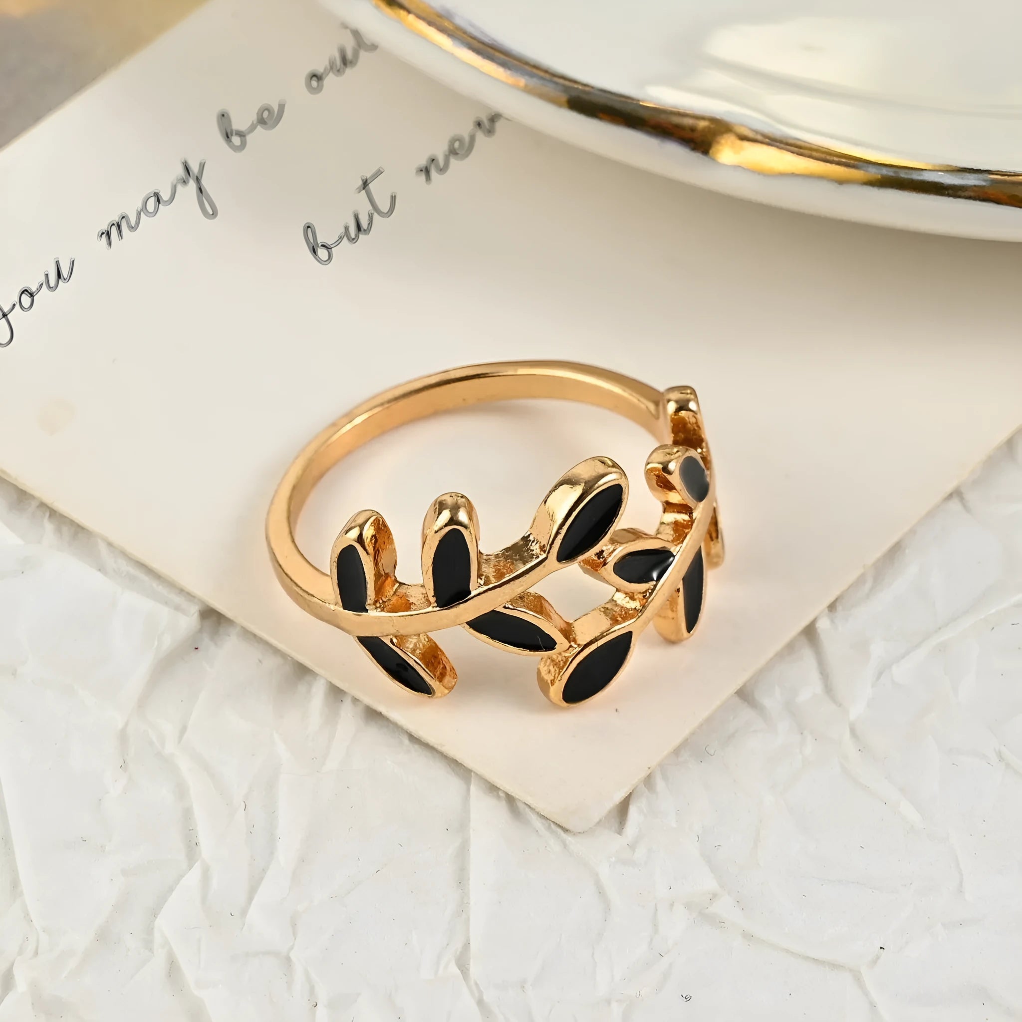 Gold electroplated acrylic fashion ring with geometric leaf design in floral shape for women