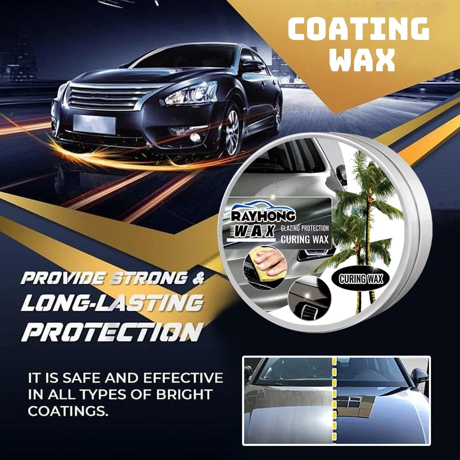 Car coating wax block and sponge applicator kit for paint restoration and protection.