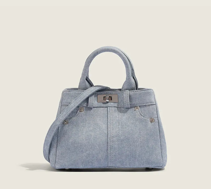 Women's casual denim blue PU shoulder handbag with standard size and polyester lining